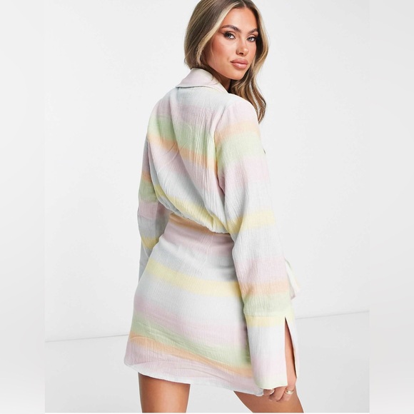NWT - NA-KD X Louisa Wallin knot front mini shirt dress in rainbow stripe - Picture 2 of 5